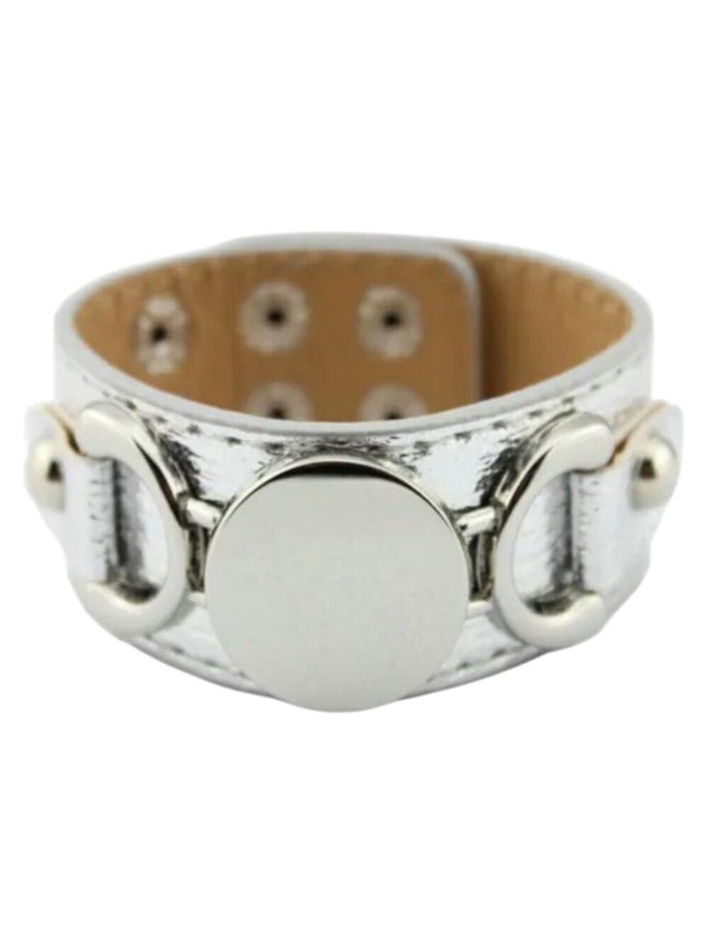 Silver Faux Leather Cuff Bracelet Silver Tone Snap Closure Adjustable New